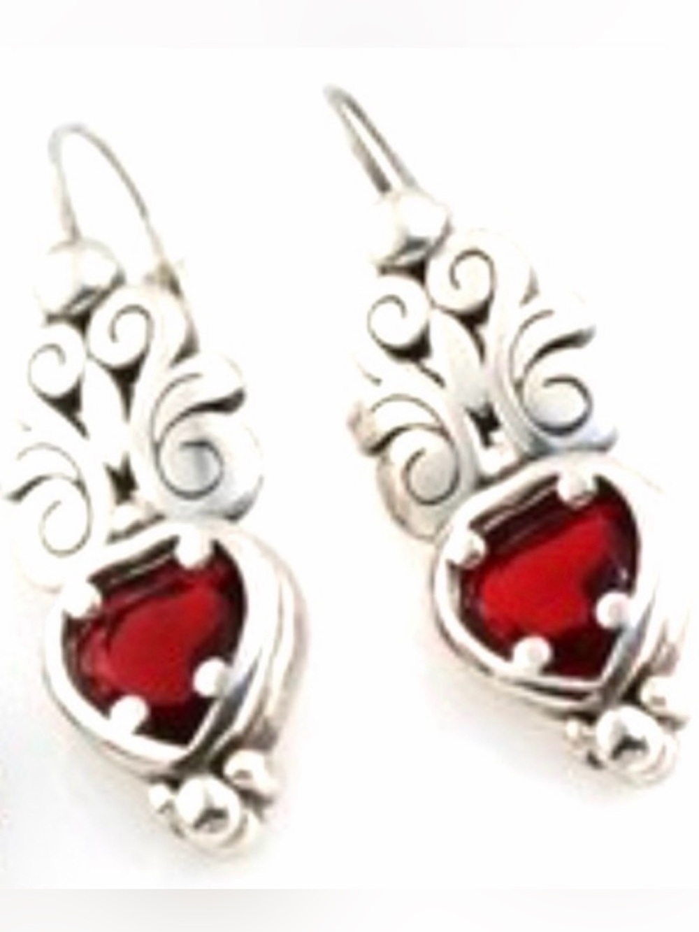 Brighton Silver Scroll Heart Earrings with Red Stones